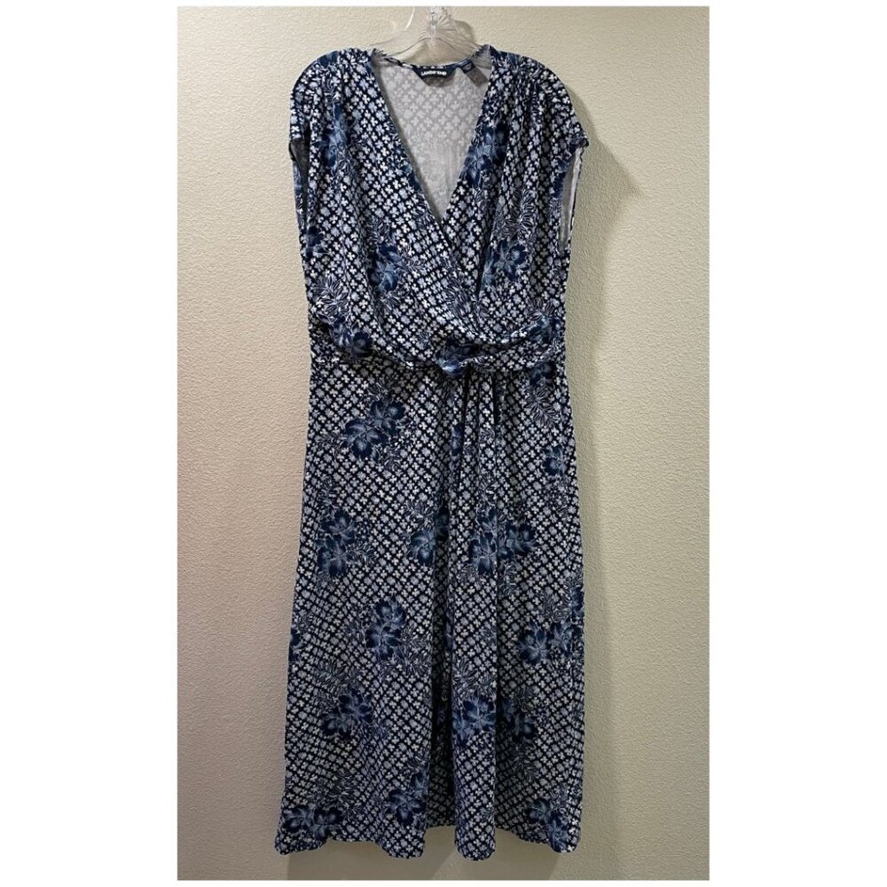 Lands' End Surplice Flare Skirt Sleeveless Maxi Dress Tropical Blue White 1X EUC